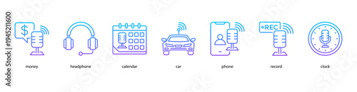 Podcast Essentials web banner icon vector illustration featuring money, headphone, calendar, car, phone, record, and clock for digital broadcasting and creative media.