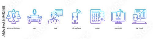 Digital Audio Tools web banner icon vector illustration featuring showcasing communications, car, talk, microphone, mixer, computer, and bar chart for creative podcasting.