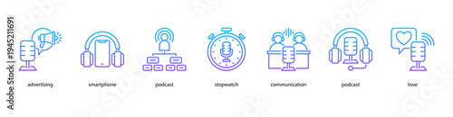Podcast Media Platform web banner icon vector illustration featuring advertising, smartphone, podcast, stopwatch, communication, podcast, and love for digital content sharing.