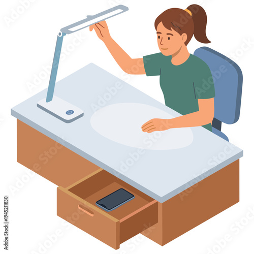 A woman adjusts a desk lamp while sitting at a table with a drawer.