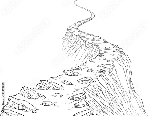 Winding rocky path illustration on a steep cliff edge disappearing into the distance, symbolizing a challenging journey or arduous adventure ahead.
