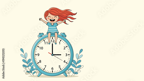 Happy young girl with flowing red hair sits on top of a large blue alarm clock with her arms raised in joy.