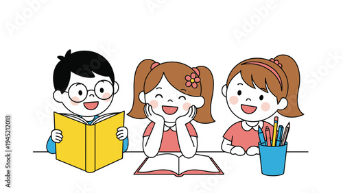 Group of three happy school children study together at a desk with an open book and colorful pencils.