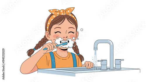 Pretty young girl with brown pigtails brushes her teeth at a sink with white soap foam and running water.