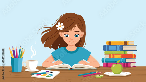 Young woman with a white flower in her hair studies diligently at a desk with books, coffee, and art supplies.