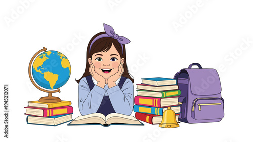Happy young girl leaning on her hands at a desk surrounded by a globe, a backpack, and stacks of books.