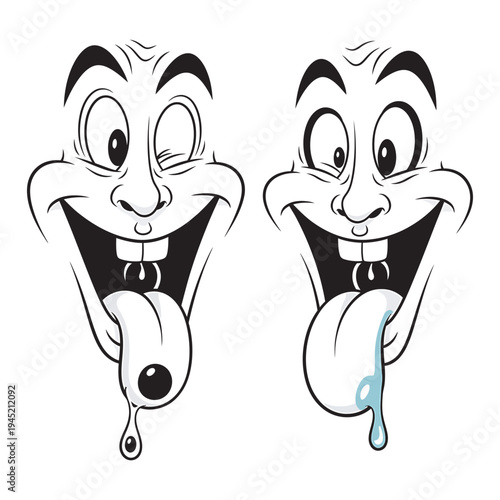 Funny cartoon faces sticking out tongues drooling crazy expressions black and white