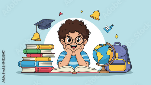 Cheerful school boy with curly hair and glasses leans on his hands with a world globe, books, and a backpack.