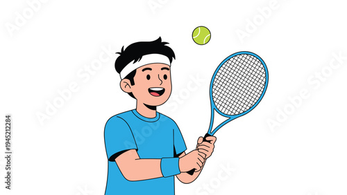 Athletic young man in blue sportswear holds a tennis racket and prepares to hit a yellow ball against a clean white background.