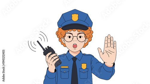 Child dressed in a blue police officer uniform holds a walkie-talkie and raises a hand to gesture a stop sign for traffic safety.