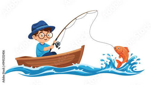 Young boy wearing a blue hat sits in a wooden rowboat on the water and successfully catches a large orange fish with his fishing rod.