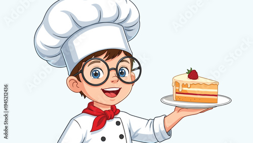 Talented young boy dressed in a professional white chef outfit holds a plate with a delicious piece of fruit-topped layer cake.