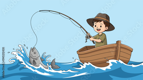 Cheerful young fisherman wearing a brown hat sits in his boat on the blue ocean waves while catching a silver fish on his line.