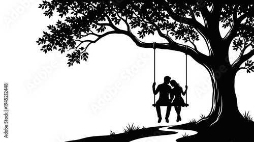 Silhouette of romantic couple on a swing under a large leafy tree