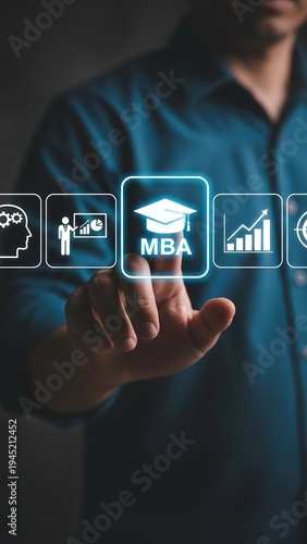 Person Tapping Glowing MBA Icon for Business Education and Growth