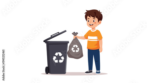 Helpful young boy in an orange shirt places a grey garbage bag into a large outdoor trash bin featuring a white recycling symbol.