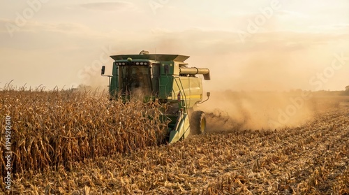 Green combine harvester operating in field of ripe corn during golden sunset, raising dust while harvesting crop in rural countryside setting