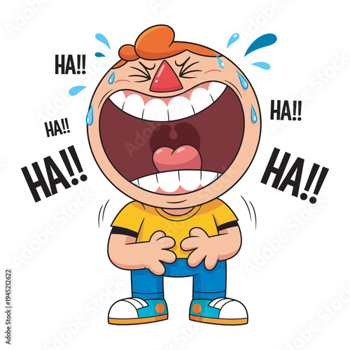 Cartoon boy laughing hard with open mouth and tears, surrounded by ha text