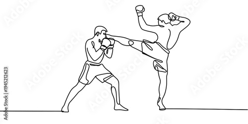 Two men practicing martial arts sparring high kick continuous line