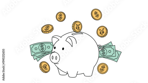White piggy bank illustration surrounded by falling gold coins and green dollar bills representing savings and financial concepts.