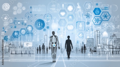 Innovative health technology showcase urban setting digital art futuristic environment wide angle view human-centric concept