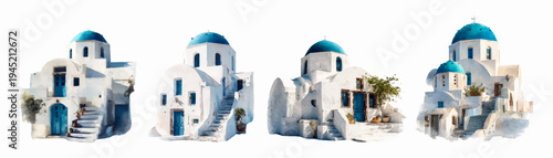 Santorini blue dome churches and white houses collection illustrating traditional greek island architecture, creating a watercolor painting impression for travel and tourism concepts