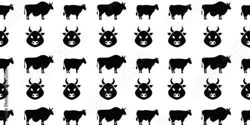Black silhouettes of cattle and cow heads arranged in a grid pattern
