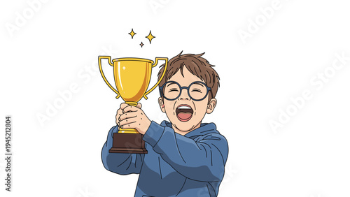 Enthusiastic young boy wearing glasses expresses pure joy while holding a large golden trophy to celebrate a major victory or school success.
