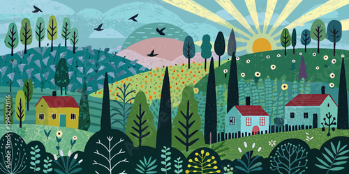 Whimsical landscape with colorful hills trees houses and a rising sun