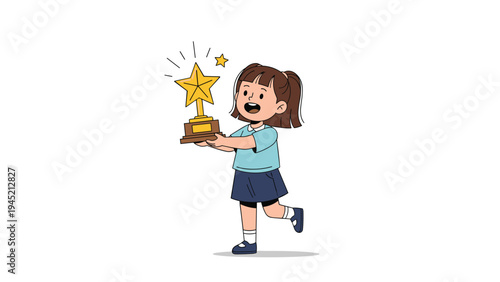 Happy schoolgirl with brown pigtails and a blue skirt runs joyfully while carrying a golden star trophy to celebrate her latest accomplishment.