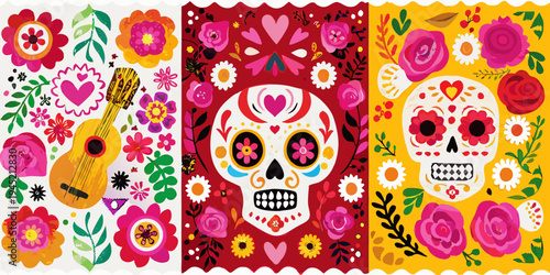 Colorful dia de los muertos inspired banners with floral and skull motifs