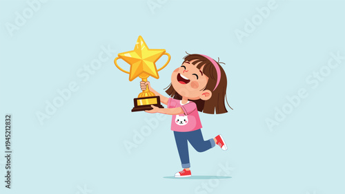 Adorable little girl wearing a pink t-shirt and headband smiles happily while holding a large star-shaped gold trophy for her achievement.