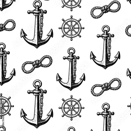 Antique nautical anchor and rope seamless pattern etching for vintage textile concept