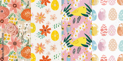 Colorful floral and easter egg patterns displayed in a vertical arrangement