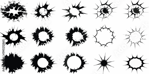 Collection of abstract black splatter shapes resembling cracks and bursts