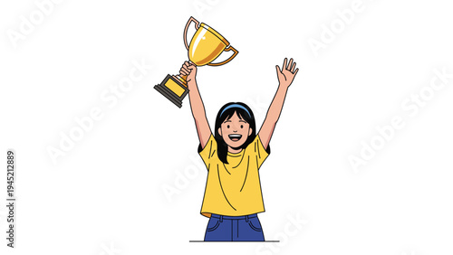 Cheerful young girl raises her arms in victory while holding a shiny golden trophy to celebrate a successful performance or academic win.