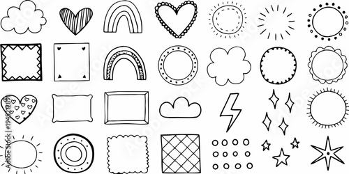 Collection of hand drawn doodle shapes and frames in black and white
