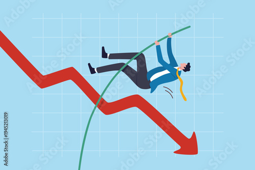 Economic downturn challenge, overcome financial crisis obstacle, determination to get over problem, struggle or courage, resilience concept, businessman pole vault jump over down fall red arrow.