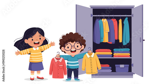 Young boy and girl stand in front of an open wardrobe full of clothes as the boy holds up two different shirts to decide what to wear.