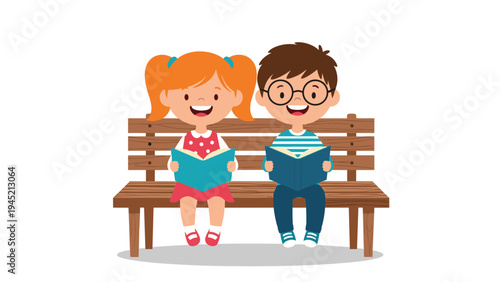 Two adorable children sit together on a wooden park bench while being fully absorbed in reading their colorful storybooks on a sunny day.