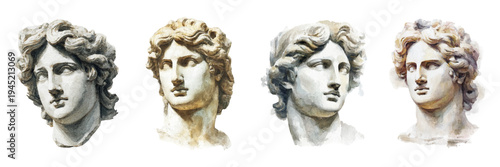Set of four watercolor studies depicting classical greek male statues, showing different angles and lighting of ancient roman marble sculptures and busts with curly hair