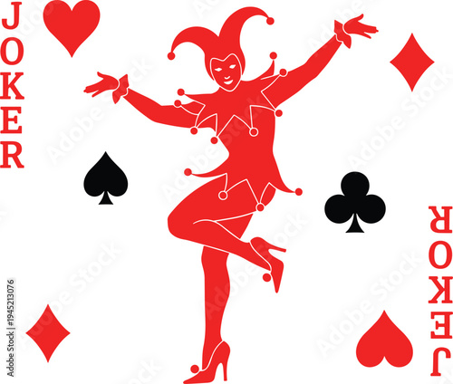 Red Joker Playing Card Illustration with Dancing Jester Character, Hearts, Spades, Clubs, and Diamonds Symbols for Casino, Poker, and Card Game Design
