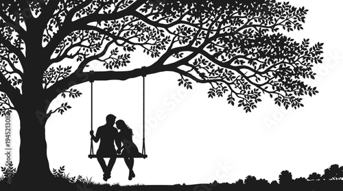 Romantic silhouette of couple on swing under large leafy tree
