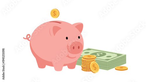 Large pink piggy bank stands next to a stack of green dollar bills and golden coins to symbolize the importance of saving money for the future.