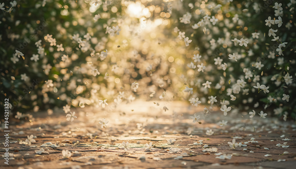 Fototapeta premium Gentle flower petals falling in sunlight
