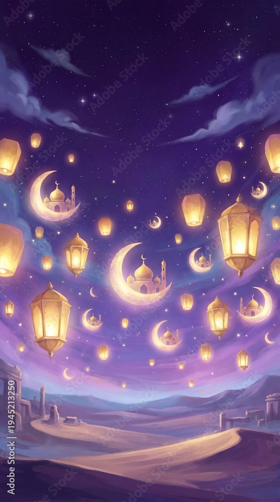 Fototapeta premium Magical night sky with glowing lanterns and crescent moons 
