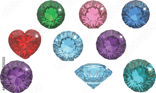 Colorful Gemstone and Diamond Collection Featuring Round, Heart, and Brilliant Cut Precious Gems in Sparkling Luxury Jewelry Vector Illustration Set