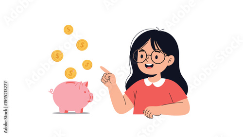 Smart young girl with glasses points enthusiastically at a pink piggy bank while gold coins fall from the sky to show the power of saving.
