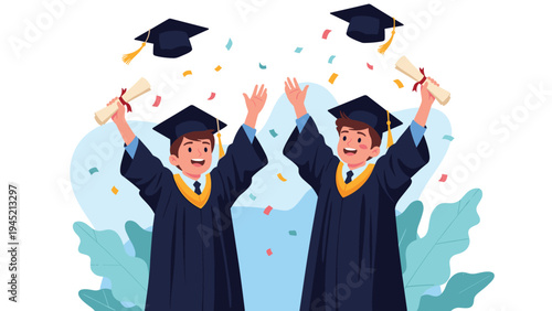 Two happy male graduates in academic gowns and caps throw their hats into the air while holding diplomas to celebrate their graduation day.