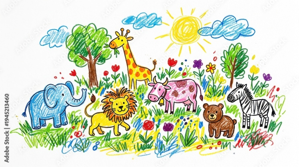 Fototapeta premium Colorful Animal Kingdom - A Whimsical Illustration of Wildlife.